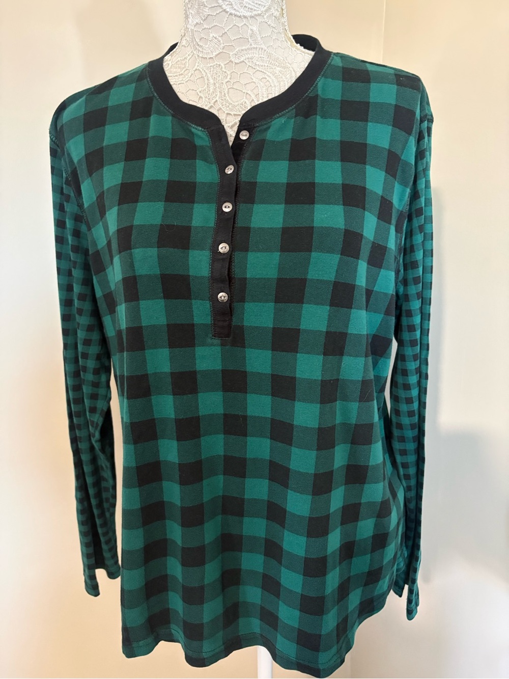 Chaps Green Black Buffalo Plaid Henley Top 100% Cotton XXL